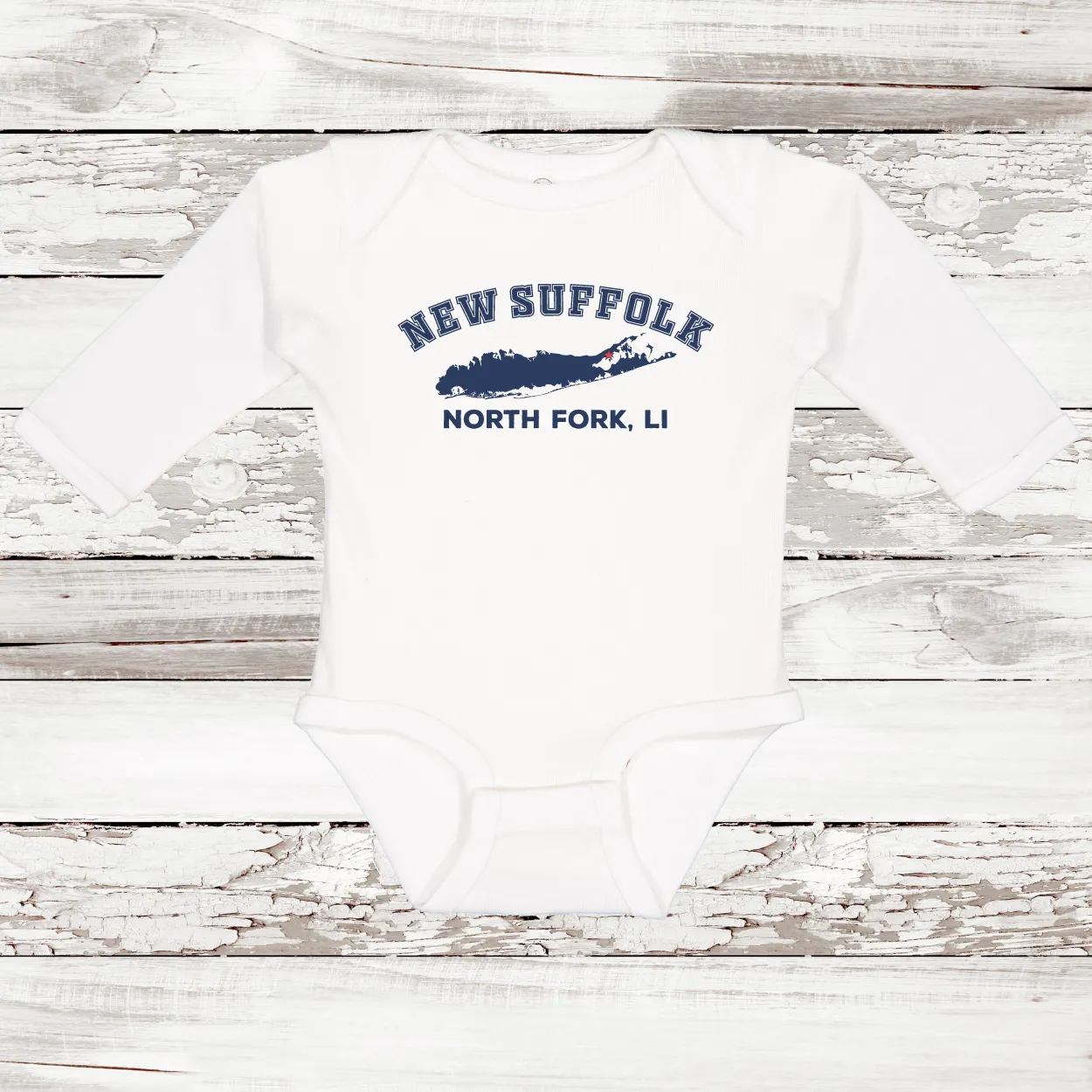 New Suffolk North Fork LI Long Sleeve Baby Onesie | Classic Colors
