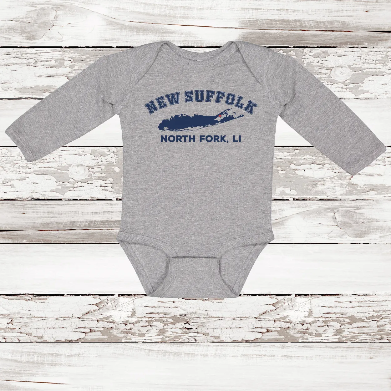 New Suffolk North Fork LI Long Sleeve Baby Onesie | Classic Colors