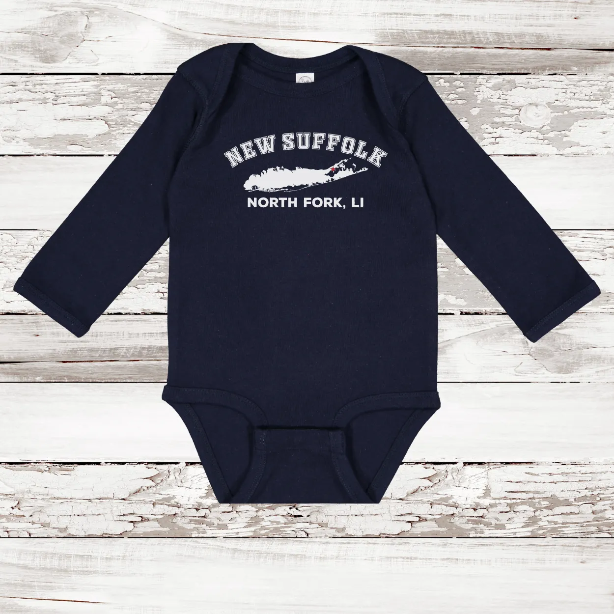 New Suffolk North Fork LI Long Sleeve Baby Onesie | Classic Colors