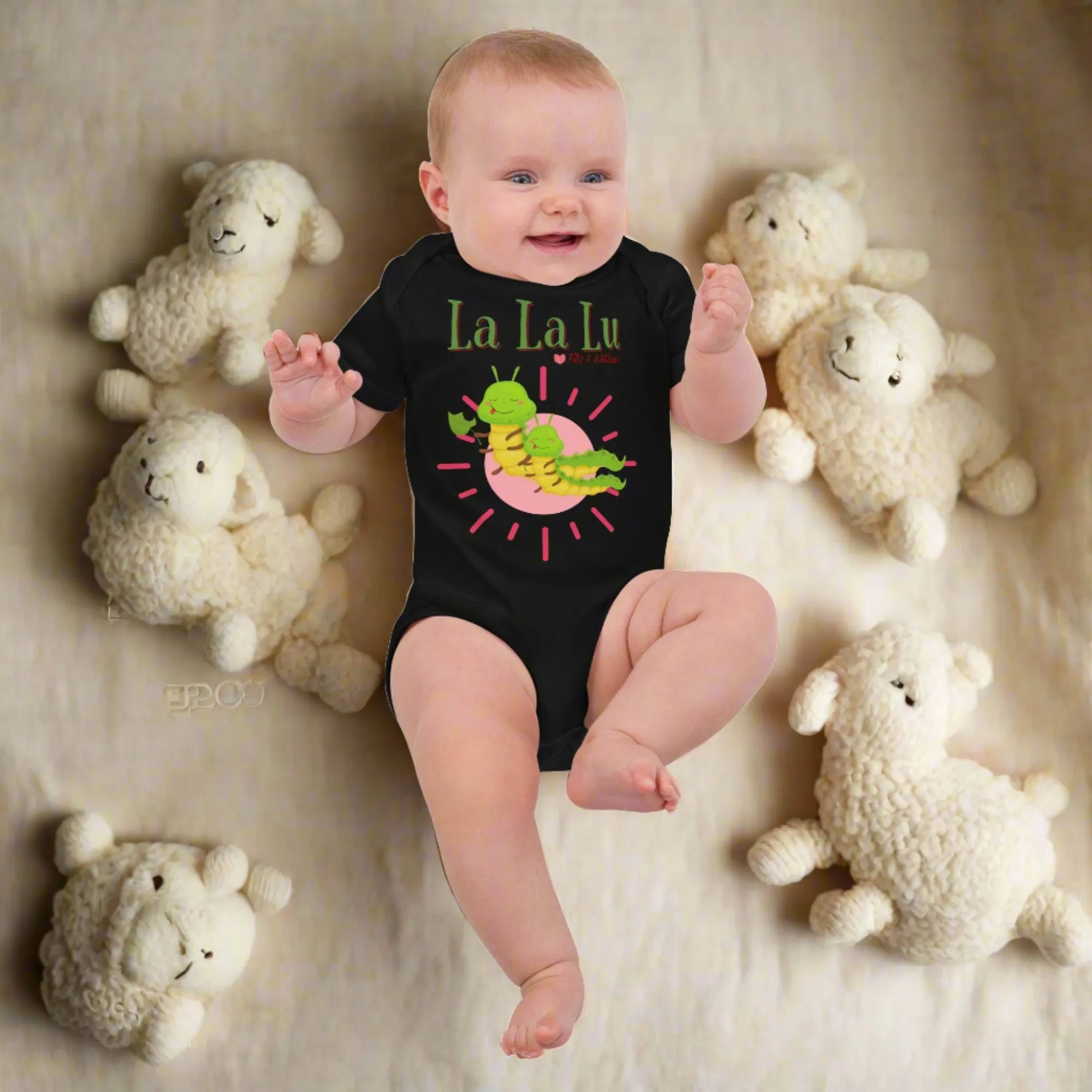 Organic cotton newborn bodysuit, short sleeve, La, La, Lu,