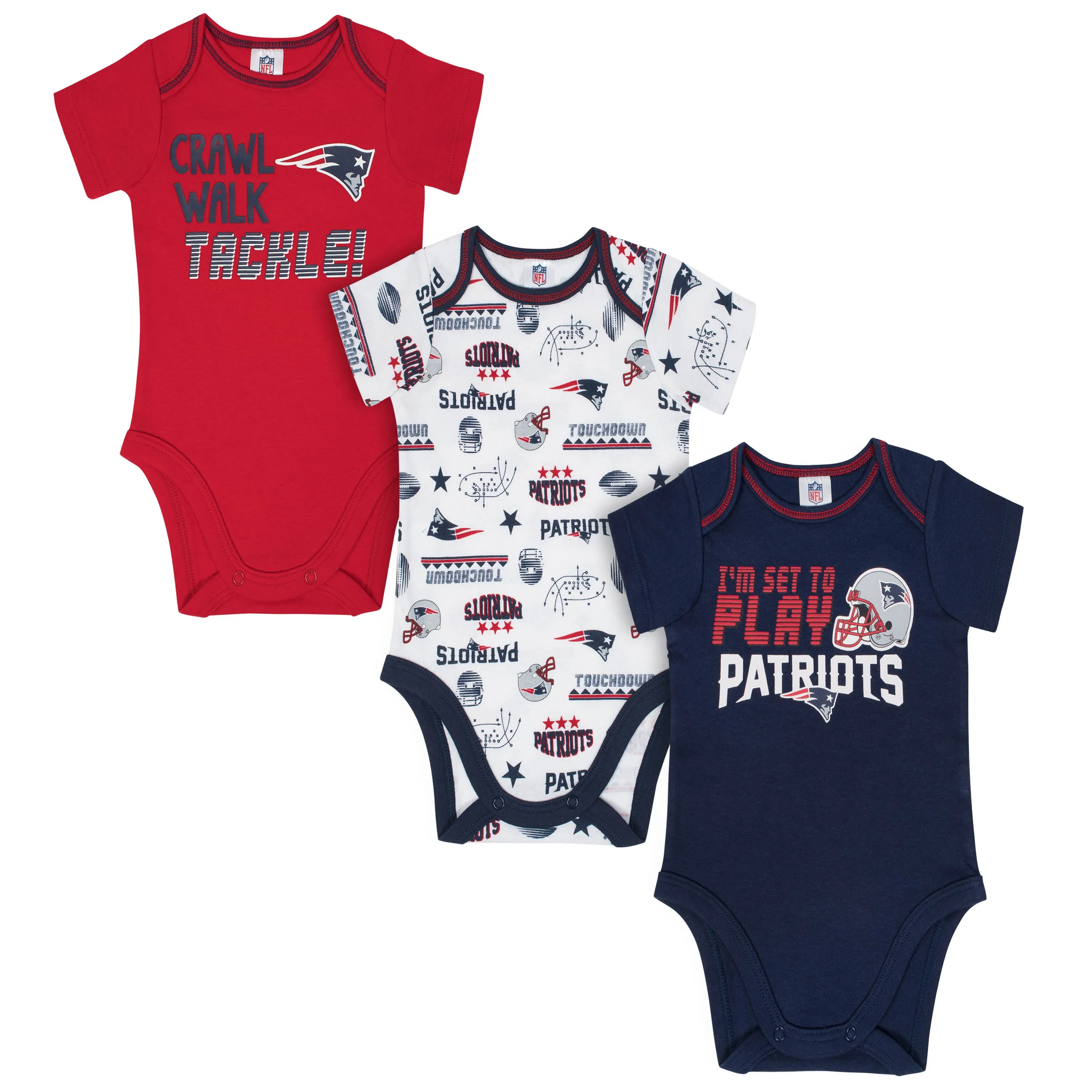 Patriots All Set To Play 3 Pack Short Sleeved Onesies Bodysuits