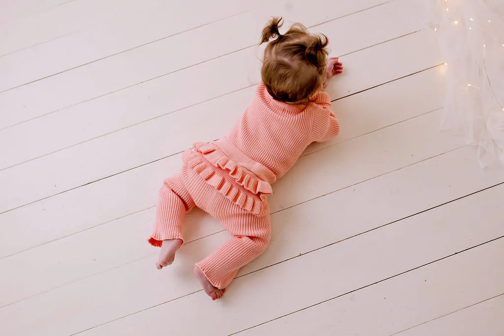 Peach Frilly Ribbed Leggings