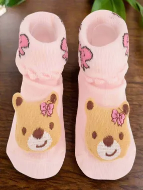 Pink Bear Baby Socks with Butterfly Accents – 3D Bear Design for Babies
