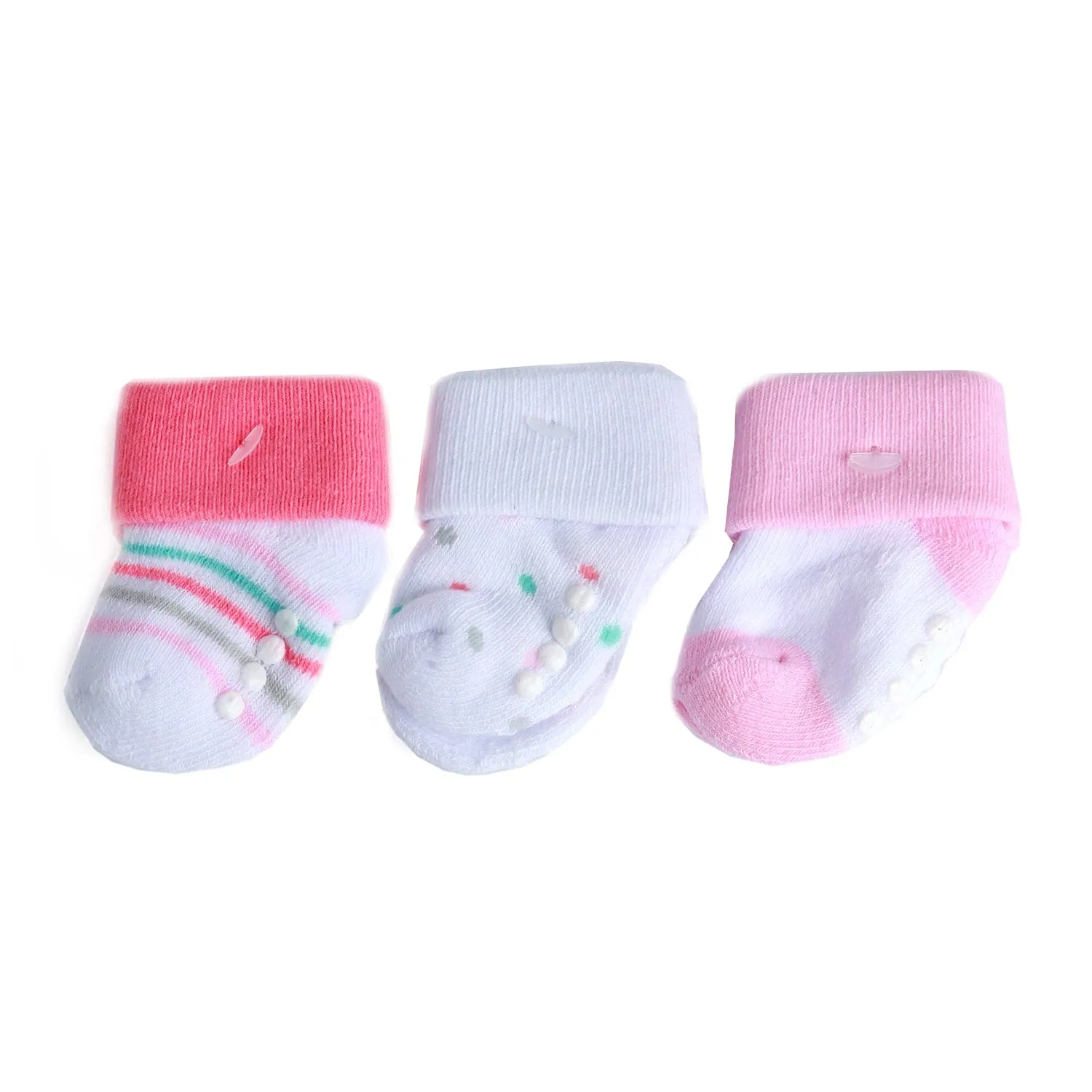 Striped And Polka Dot Pink 3 Pk Anti-Skid  Socks
