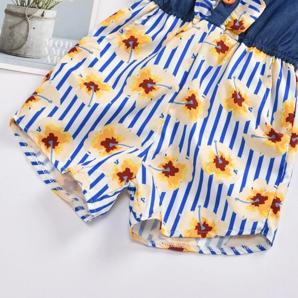 Summer Girls Jumpsuits Printed Single Breasted Flying Sleeves Jumpsuits Wholesale Girls Clothes