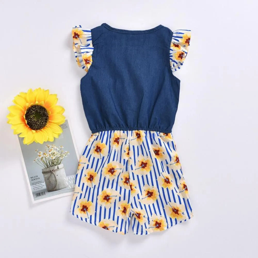 Summer Girls Jumpsuits Printed Single Breasted Flying Sleeves Jumpsuits Wholesale Girls Clothes