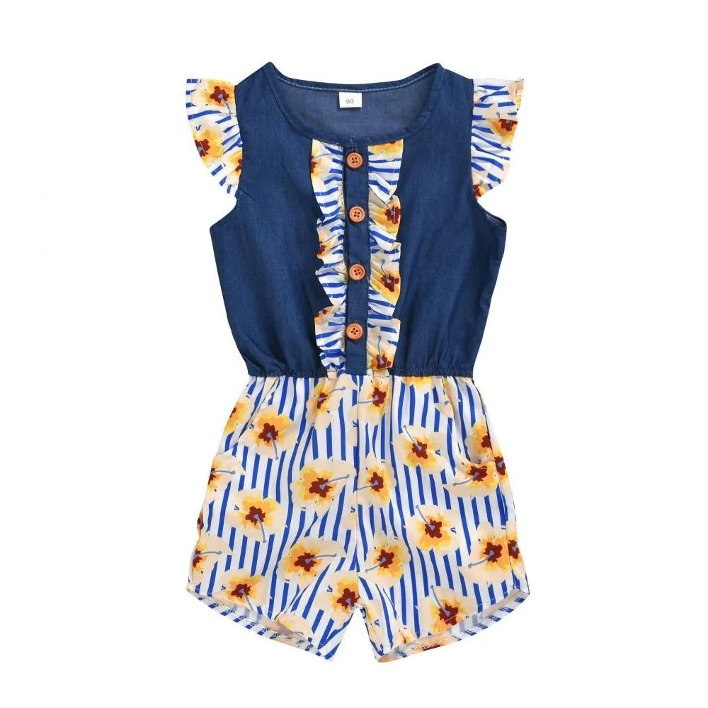 Summer Girls Jumpsuits Printed Single Breasted Flying Sleeves Jumpsuits Wholesale Girls Clothes
