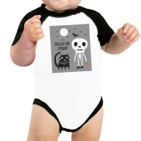 Trick-Or-Treat Skeleton Black Cat Baby Black And White BaseBall Shirt